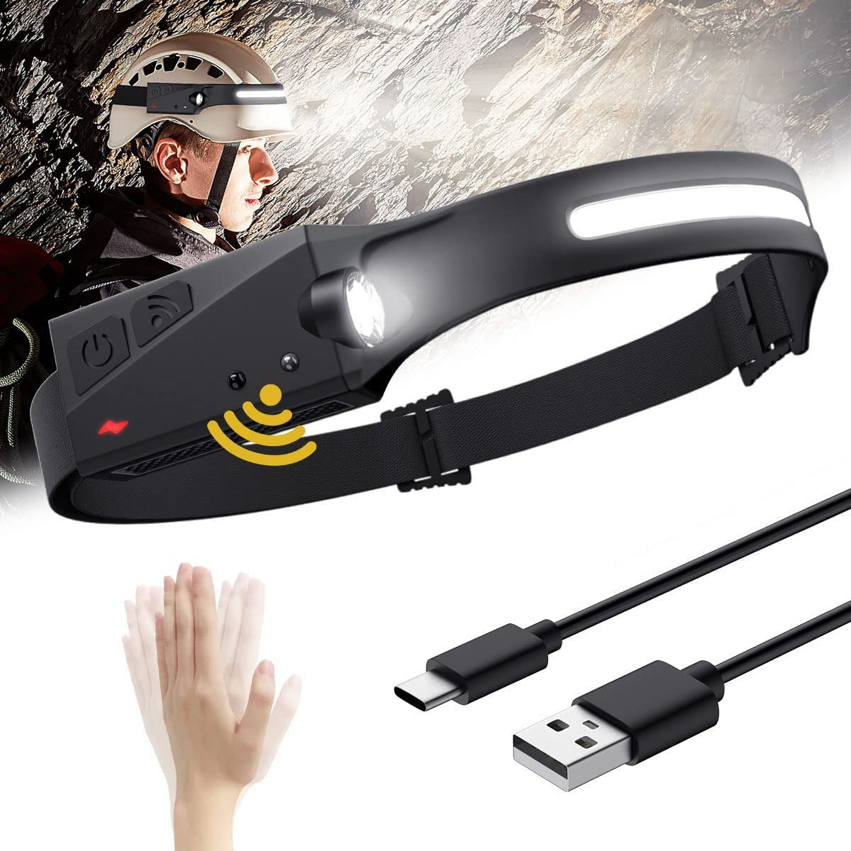 LINTERNA FRONTAL CON SENSOR + CABLE USB RECARGABLE